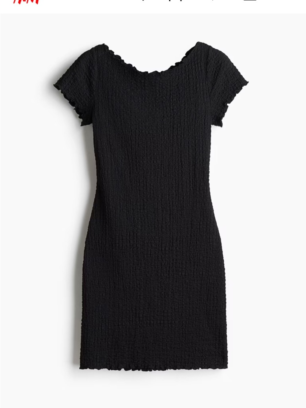 H&M Black Textured Mini Dress with Short Sleeves
